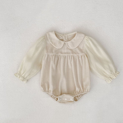 長袖ロンパース Apricot / 66cm 丸襟ドッキング長袖ロンパース【mh0010504】