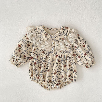 長袖ロンパース Apricot / 66cm フラワープリントレース襟長袖ロンパース【mh0010527】