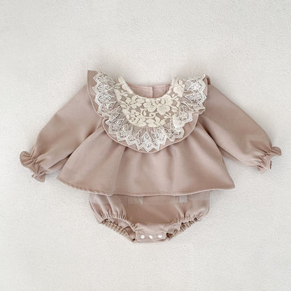 長袖ロンパース Apricot / 66cm ビッグレース襟付き長袖スカートロンパース【mh0010838】