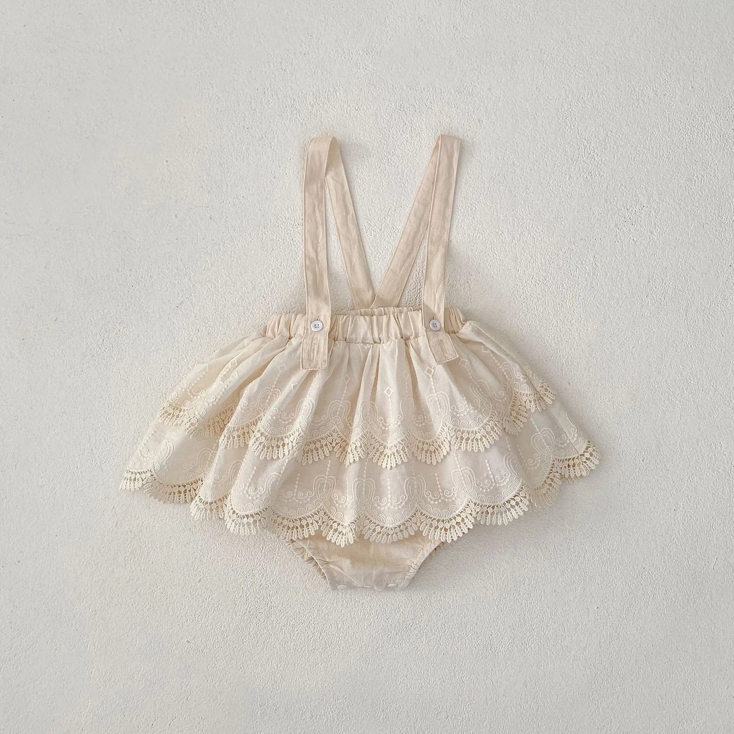 長袖セットアップ apricot skirt / 73cm 6-9M ベビートップス/パンツ 水玉ドット/無地スクエア襟長袖Tシャツ/サスペンダーレーススカートブルマパンツ【mh0007334】