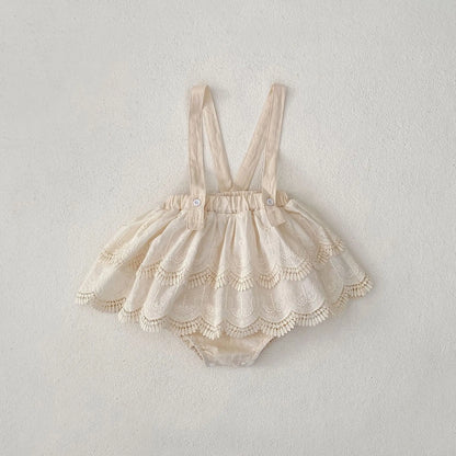 長袖セットアップ apricot skirt / 73cm 6-9M ベビートップス/パンツ 水玉ドット/無地スクエア襟長袖Tシャツ/サスペンダーレーススカートブルマパンツ【mh0007334】