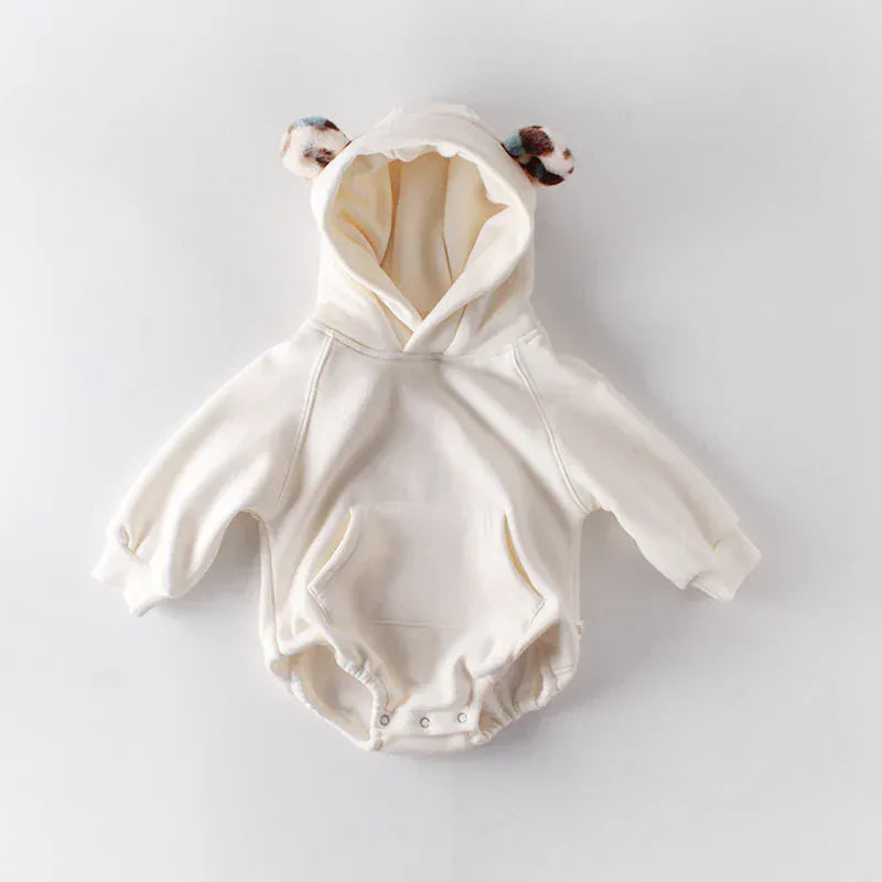 長袖ロンパース Beige / 3-6M 66cm ベビーロンパース レオパードファー耳付きフーディボディスーツ 2カラー【mh0006993】