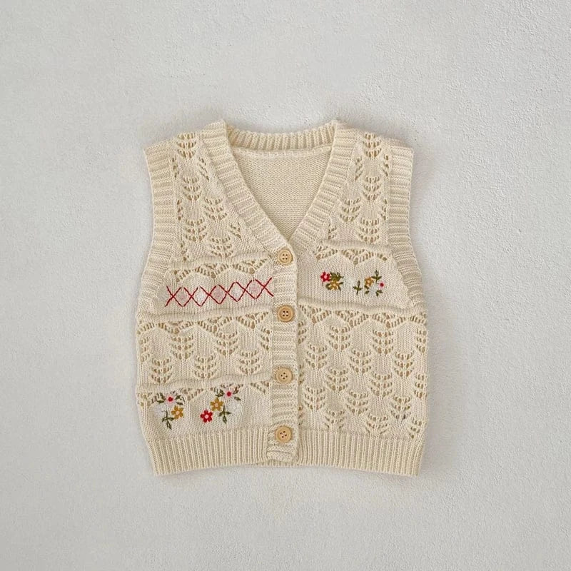 ベスト Beige / 3-6M 66cm ベビーベスト フラワー刺繍レースニット前あきベスト ベージュ【mh0006987】