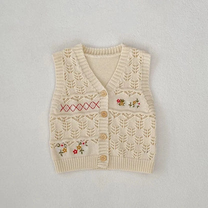ベスト Beige / 3-6M 66cm ベビーベスト フラワー刺繍レースニット前あきベスト ベージュ【mh0006987】