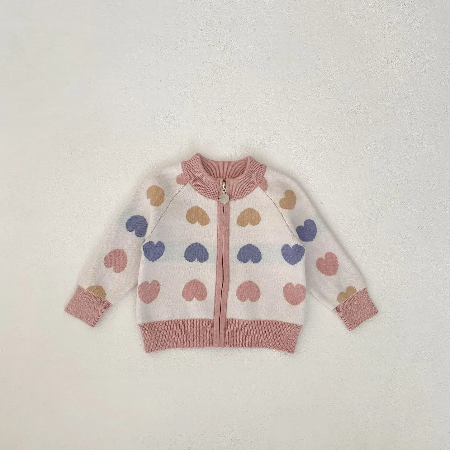 カーディガン・パーカー Beige / 66cm 0-6m ベビーカーディガン カラフルハートジップアップニットジャケット【mh0007450】
