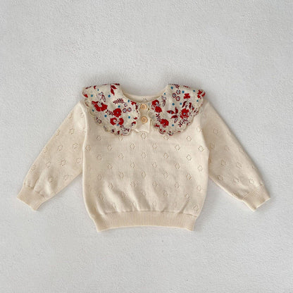 長袖セットアップ Beige White / 66cm フラワープリント襟ニットトップス/ニットサスペンダーパンツ【mh0010513】