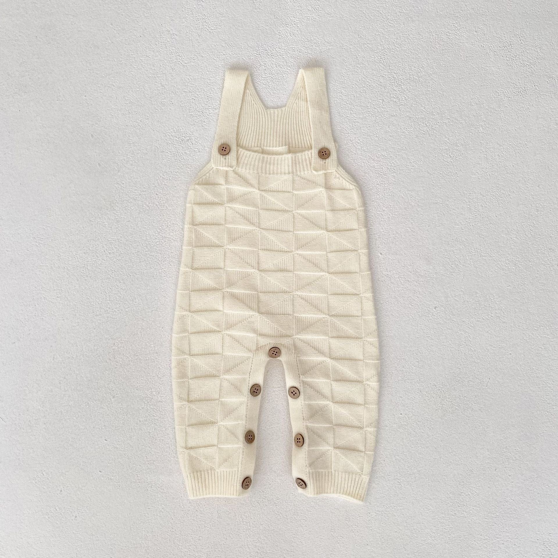 サロペットパンツ・サスペンダーパンツ Beige White / 66cm 柄編みニットサロペットロンパース【mh0010847】