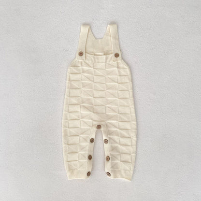 サロペットパンツ・サスペンダーパンツ Beige White / 66cm 柄編みニットサロペットロンパース【mh0010847】