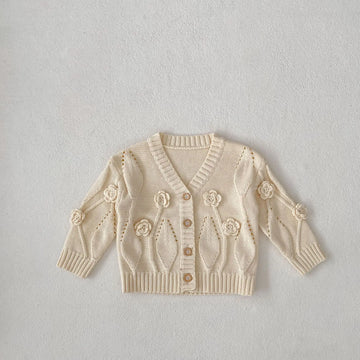 カーディガン・パーカー Beige White / 6M  66CM ベビーカーディガン ニットジャケット フラワー刺繍 アプリコットホワイト【mh0006406】