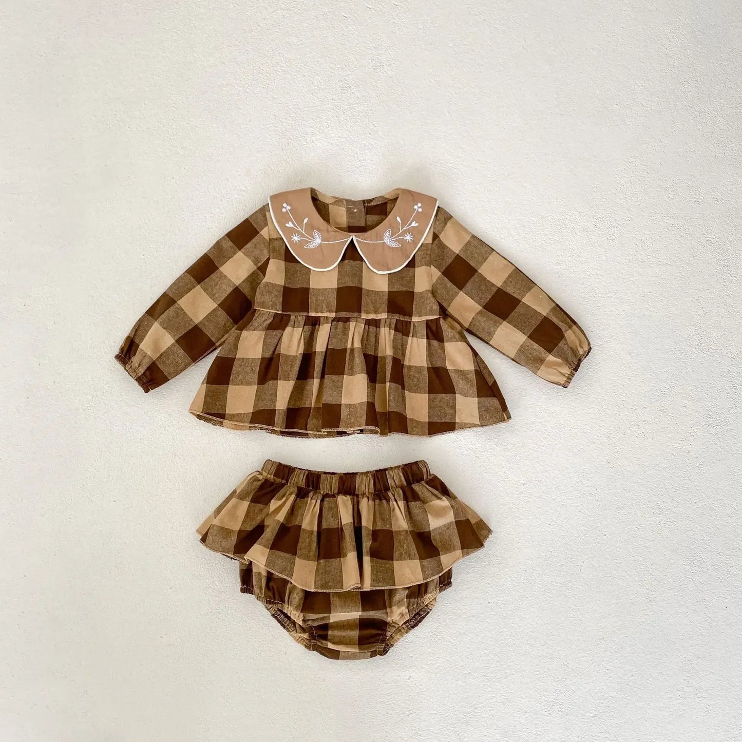 長袖セットアップ big plaid coffee / 73cm 6-9M ベビーキッズセットアップ 2点セット フラワー刺繍襟長袖チュニックブラウス+フリルスカートブルマパンツ チェック4カラー【mh0007150】