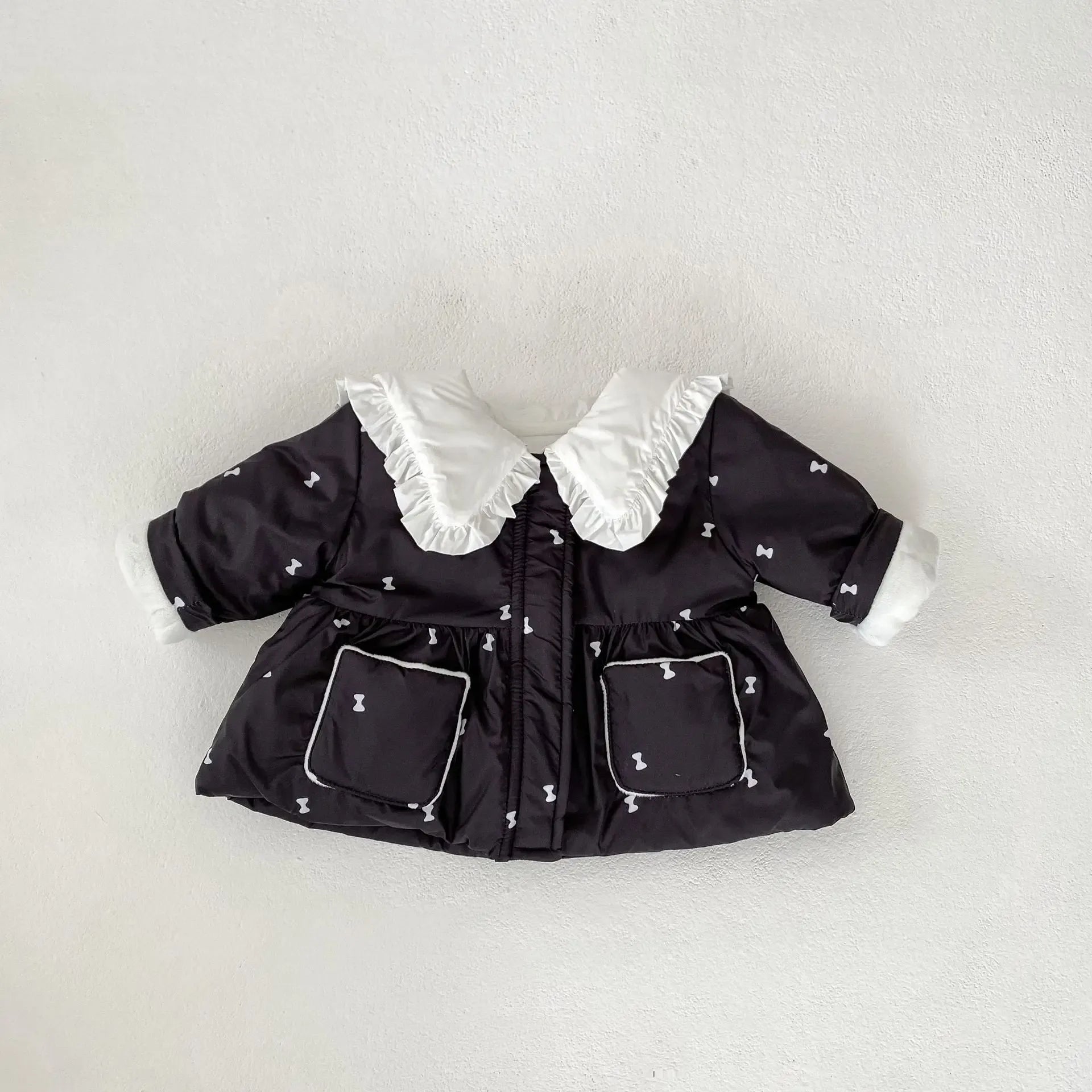 ショートコート・ジャケット・ジャンパー Black / 6M  66CM ベビーアウター リボンプリントフリルビッグ襟パデッドジャケットコート【mh0008278】