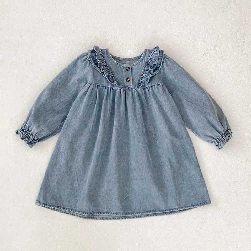 長袖ワンピース Blue / 18-24M 90cm キッズワンピース デニムフリルアクセント長袖ワンピース【mh0006985】