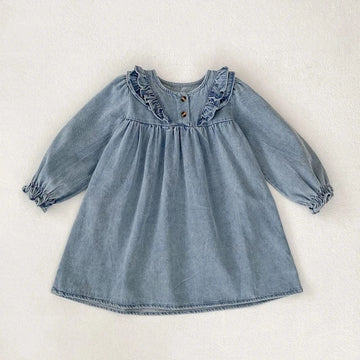 長袖ワンピース Blue / 18-24M 90cm キッズワンピース デニムフリルアクセント長袖ワンピース【mh0006985】