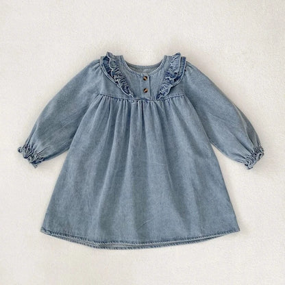 長袖ワンピース Blue / 18-24M 90cm キッズワンピース デニムフリルアクセント長袖ワンピース【mh0006985】
