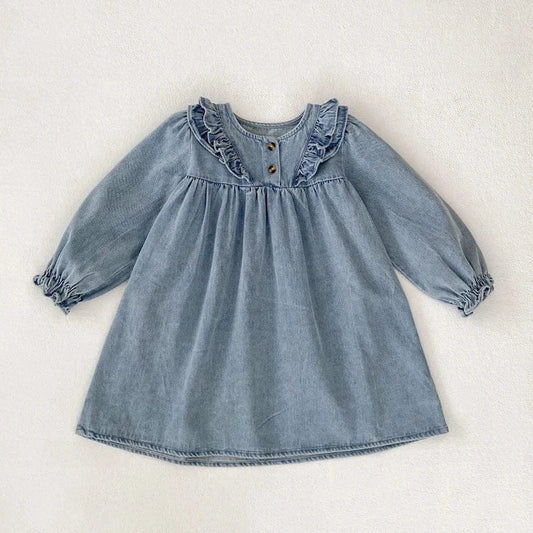 長袖ワンピース Blue / 18-24M 90cm キッズワンピース デニムフリルアクセント長袖ワンピース【mh0006985】