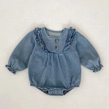 長袖ロンパース Blue / 3-6M 66cm ベビーロンパース デニムフリルアクセント長袖ボディスーツ【mh0006986】