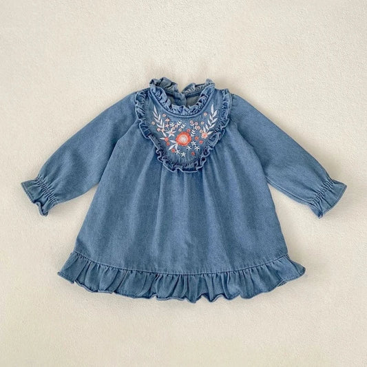 長袖ワンピース Blue / 6-9M 73cm ベビーワンピース フラワー刺繍フリルデニム長袖ワンピース【mh0006998】