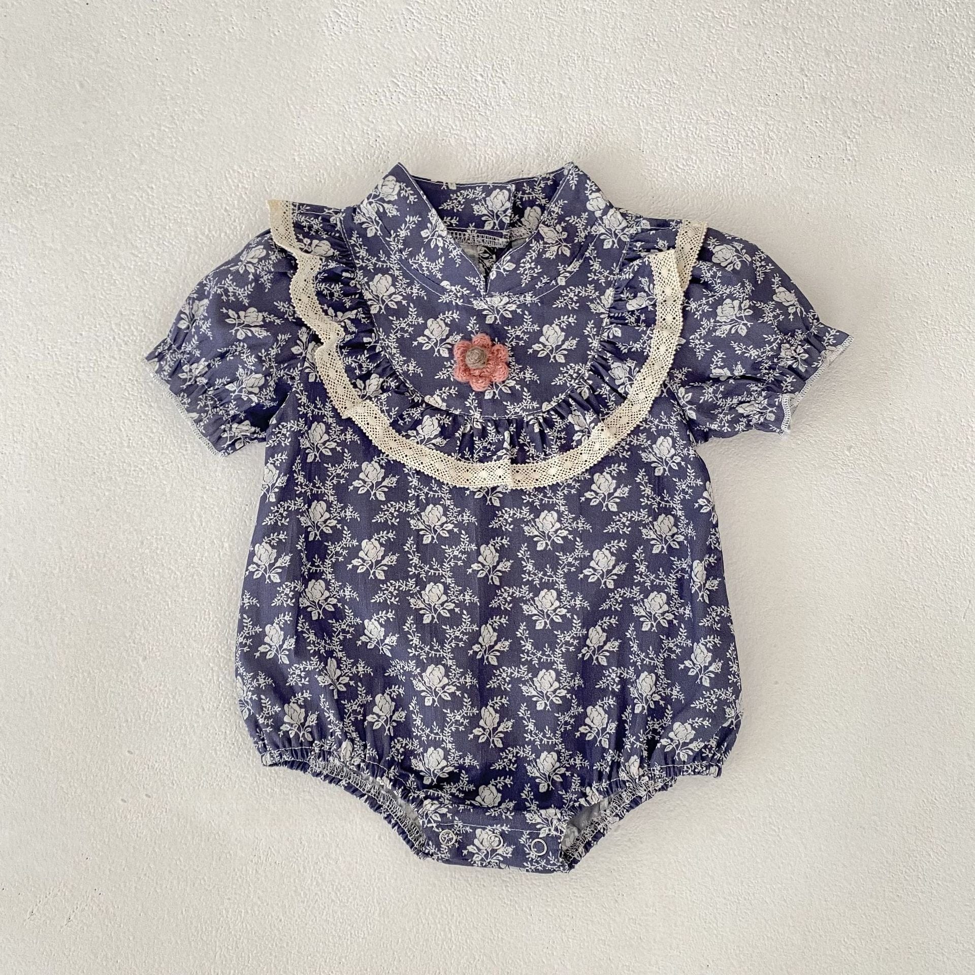 半袖ロンパース Blue / 66cm 花柄プリントスタンドカラー半袖ロンパース【mh0010175】