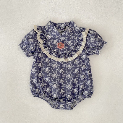 半袖ロンパース Blue / 66cm 花柄プリントスタンドカラー半袖ロンパース【mh0010175】