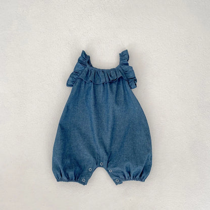 ノースリーブロンパース Blue / 6M 66cm ベビーロンパース デニム フリル サスペンダーボディスーツ サロペット ジャンプスーツ【mh0006532】