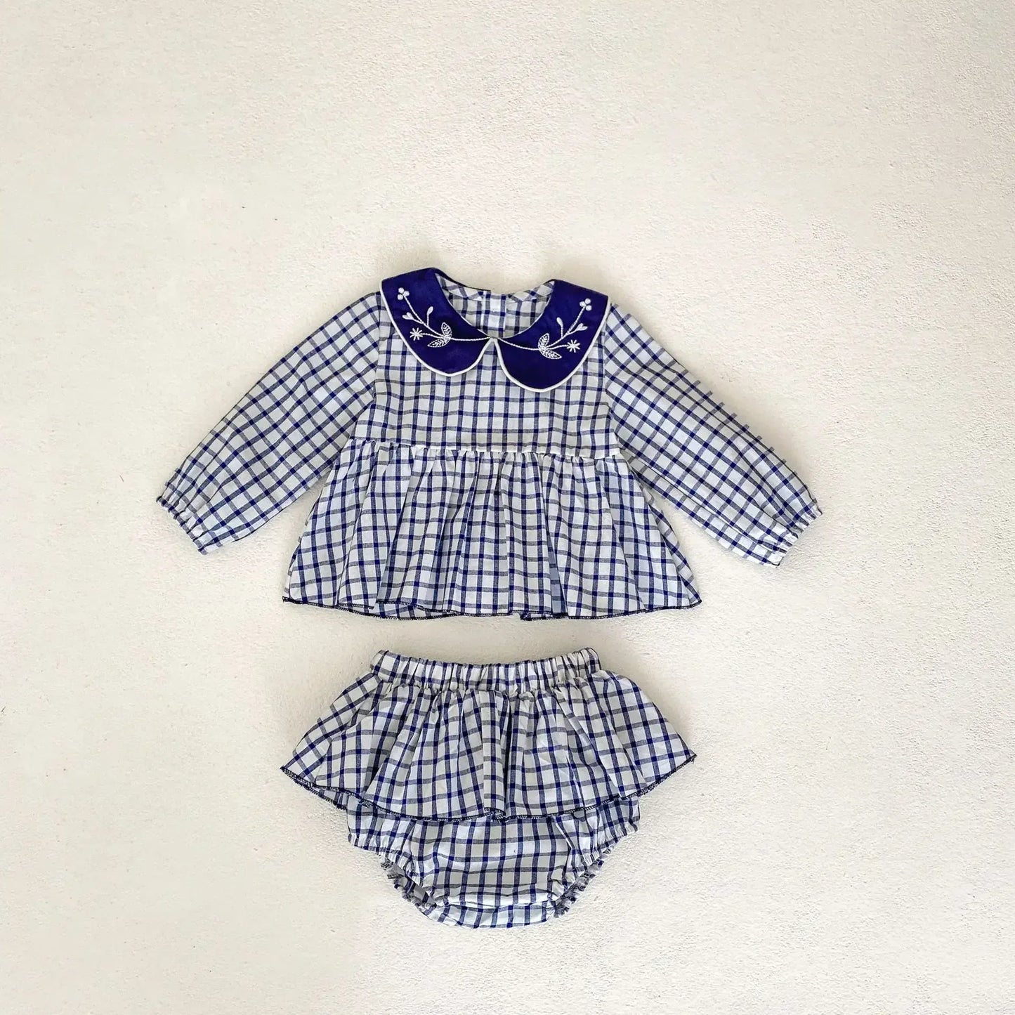 長袖セットアップ blue / 73cm 6-9M ベビーキッズセットアップ 2点セット フラワー刺繍襟長袖チュニックブラウス+フリルスカートブルマパンツ チェック4カラー【mh0007150】