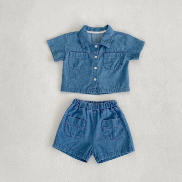 半袖セットアップ Blue / 9M  73CM キッズセットアップ 2点セット デニム 半袖シャツ+ショートパンツ【mh0006177】