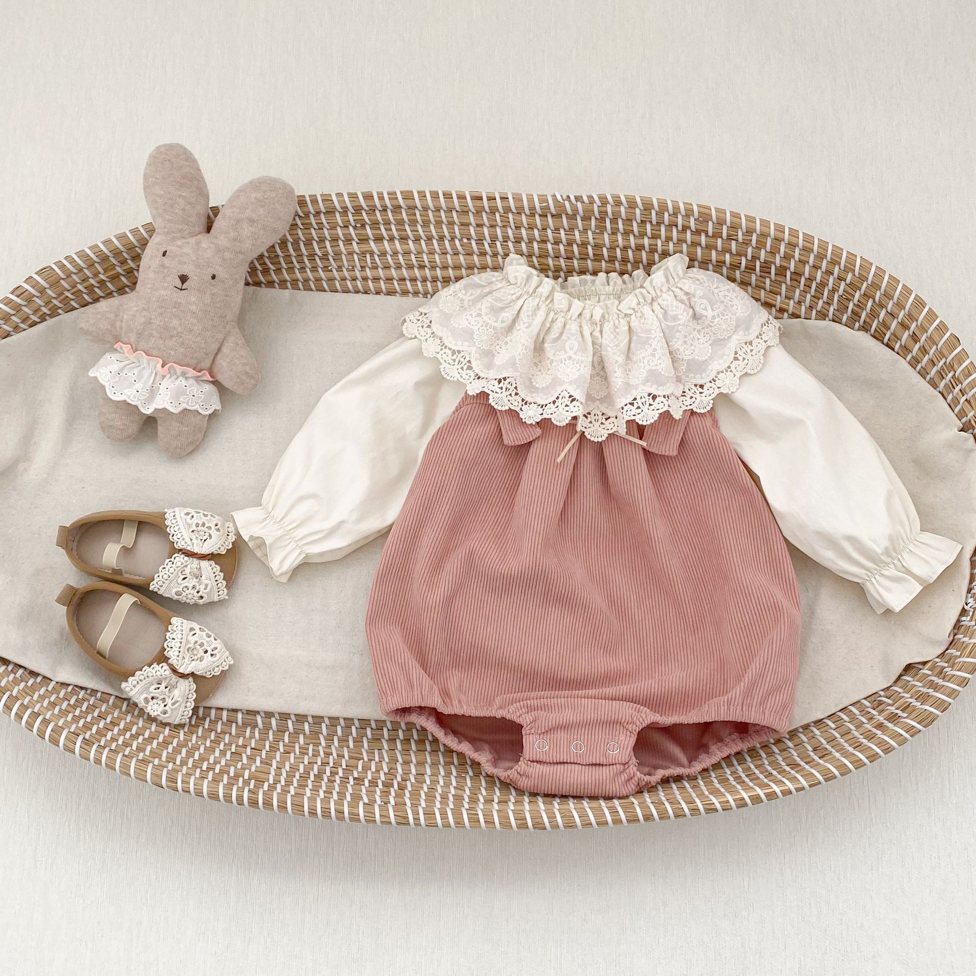 ノースリーブロンパース Bow Corduroy Romper リボン コーデュロイ 長袖ロンパース【mh0012185】