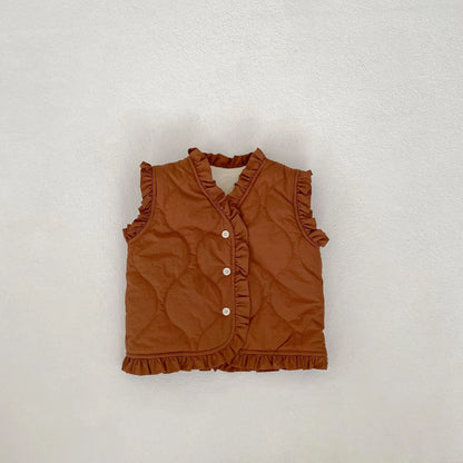 ベスト Brown / 6M  66CM ベビーベスト フリルバイピングキルティングベスト【mh0008259】