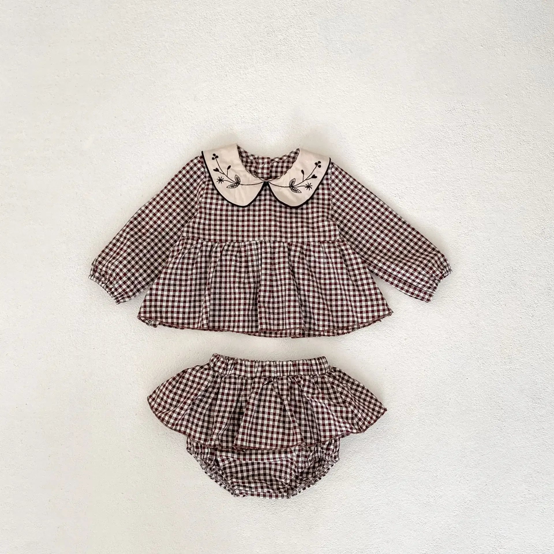 長袖セットアップ brown / 73cm 6-9M ベビーキッズセットアップ 2点セット フラワー刺繍襟長袖チュニックブラウス+フリルスカートブルマパンツ チェック4カラー【mh0007150】