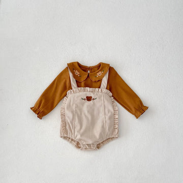 ロンパースセットアップ Brown / 9M  73CM ベビーセットアップ 2点セット ベアくま刺繍長袖ブラウス+サスペンダーブルマロンパースベビーセットアップ 2点セット ベアくま刺繍長袖ブラウス+サスペンダーブルマロンパース【mh0008743】