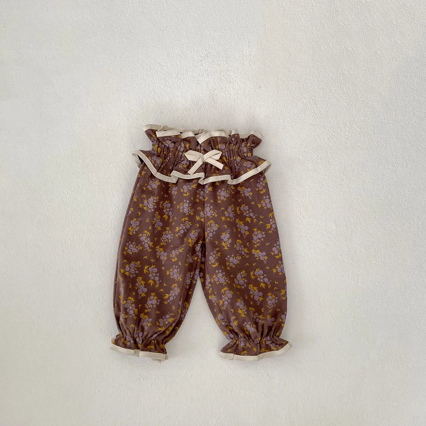 長袖セットアップ brown pant / 73cm 6-9M ベビートップス/パンツ フリル襟長袖シャツブラウス/ウエストフリルリボンフラワープリントロングバルーンパンツ【mh0007451】