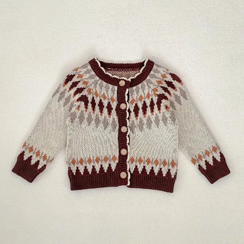 ロンパースセットアップ coat / 3-6M 66cm ベビーカーディガン/ロンパース レトロ幾何学ニットジャケット/サスペンダーニットボディスーツ【mh0006984】