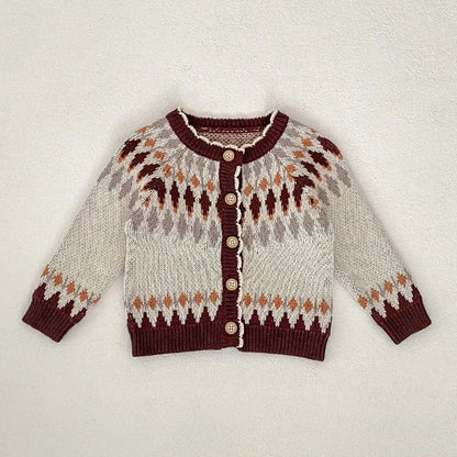 ロンパースセットアップ coat / 3-6M 66cm ベビーカーディガン/ロンパース レトロ幾何学ニットジャケット/サスペンダーニットボディスーツ【mh0006984】