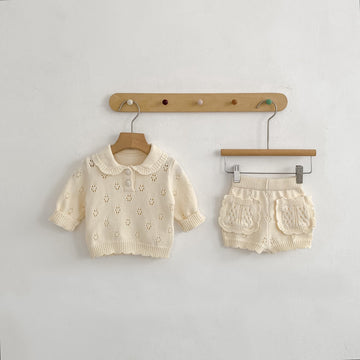 長袖セットアップ Collar Knitted Shirt & Shorts 襟付き ニット 長袖シャツ ショーツ【mh0012180】