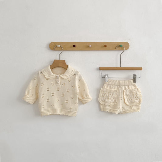長袖セットアップ Collar Knitted Shirt & Shorts 襟付き ニット 長袖シャツ ショーツ【mh0012180】