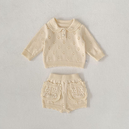長袖セットアップ Collar Knitted Shirt & Shorts 襟付き ニット 長袖シャツ ショーツ【mh0012180】