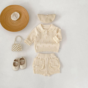 長袖セットアップ Collar Knitted Shirt & Shorts 襟付き ニット 長袖シャツ ショーツ【mh0012180】
