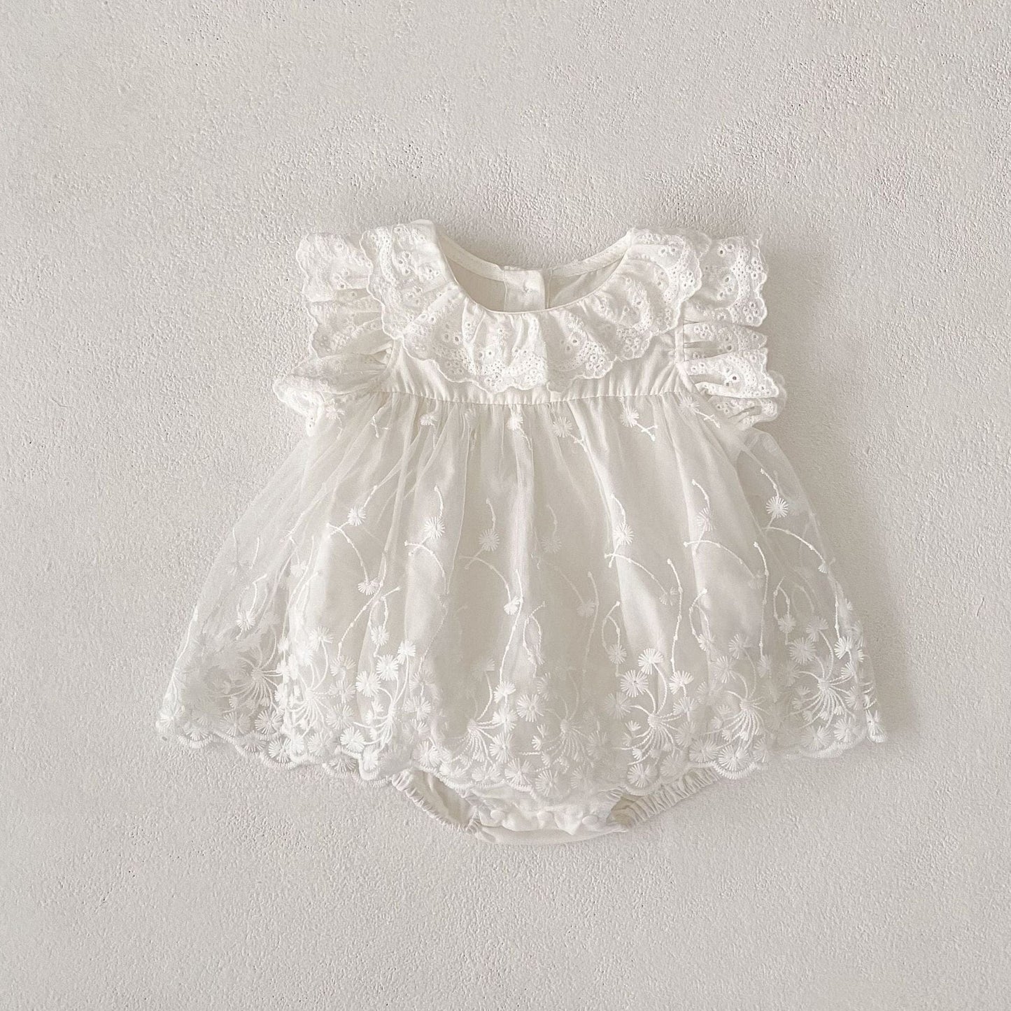 ノースリーブロンパース Creamy White / 66cm レースフリルチュールスカートドレスロンパース【mh0010156】