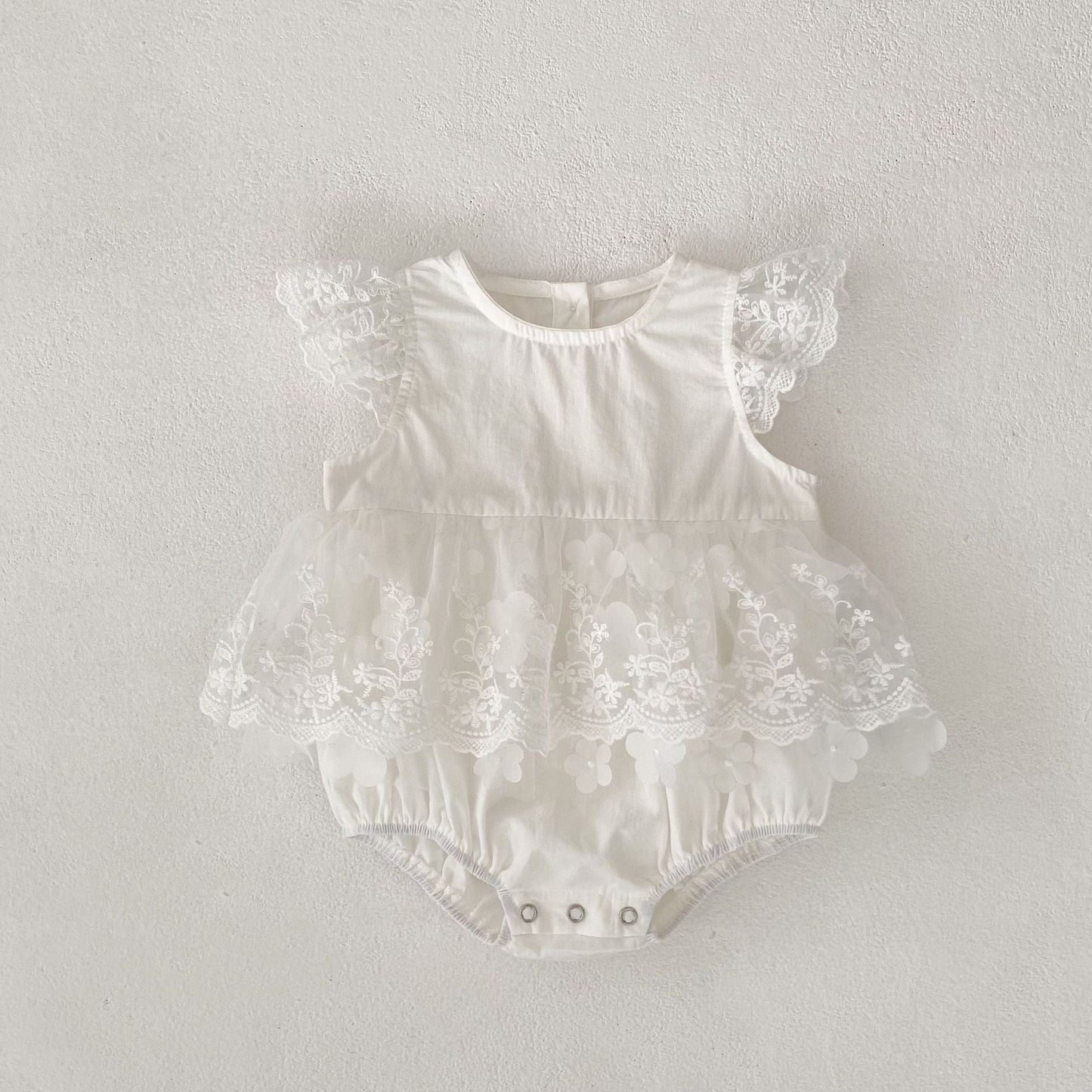 半袖ロンパース Creamy White / 66cm 刺繍レーススリーブスカートドレスロンパース【mh0010158】