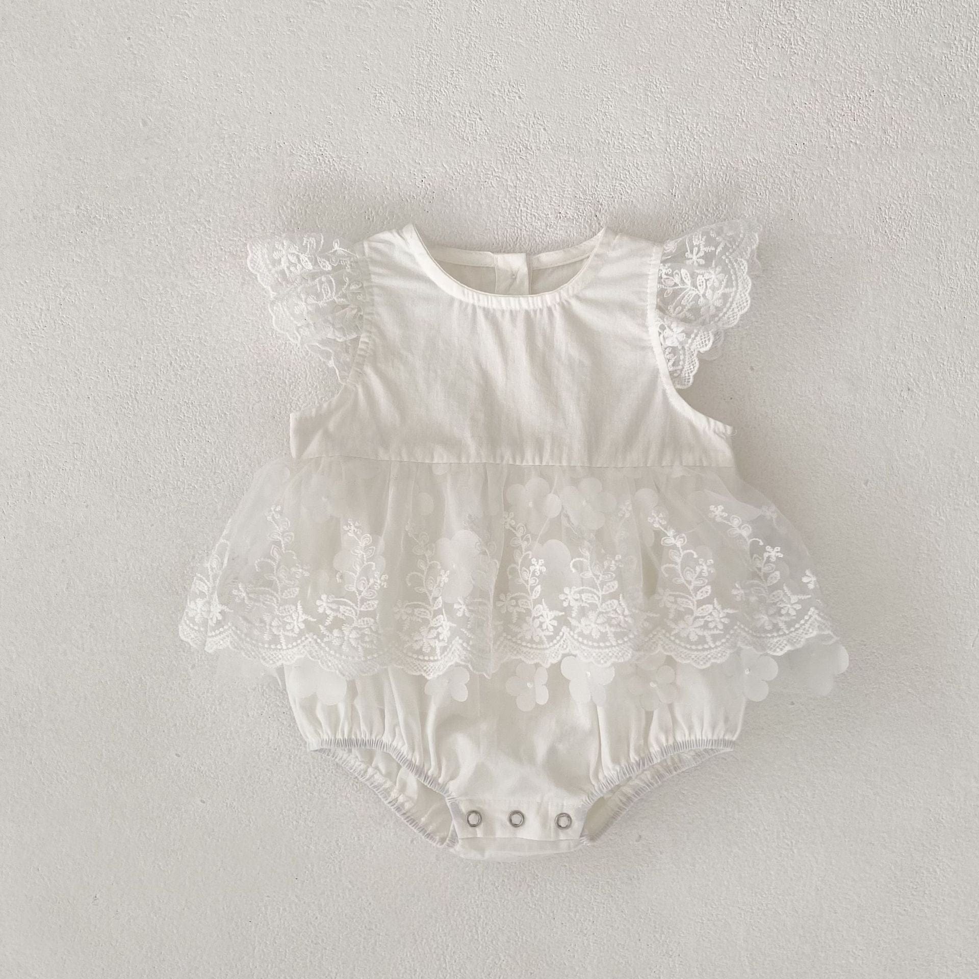 半袖ロンパース Creamy White / 66cm 刺繍レーススリーブスカートドレスロンパース【mh0010158】