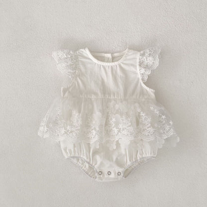 半袖ロンパース Creamy White / 66cm 刺繍レーススリーブスカートドレスロンパース【mh0010158】