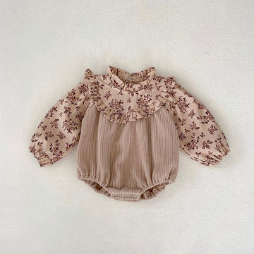 長袖ロンパース Dark apricot / 66cm ベビー フラワー 花柄 長袖 ドッキング ロンパース ドレス お出かけ ガールズ【mh0002665】