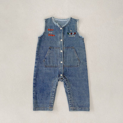 ノースリーブジャンプスーツ Denim Blue / 73cm レターロゴ刺繍デニムノースリーブジャンプスーツ【mh0010523】