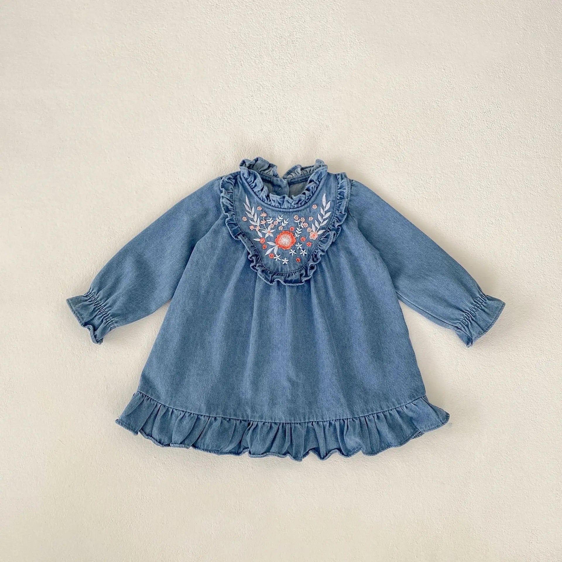 長袖ワンピース denim dress / 9M  73CM ベビーワンピース フラワー花柄刺繍スタンドフリルカラーデニム長袖ワンピース【mh-0008749】