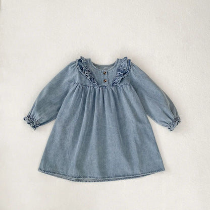 長袖ワンピース dress / 90cm 1-2y ベビーロンパース/キッズワンピース フリルデニム長袖ボディスーツ/長袖ワンピース リンクコーデ 姉妹 お揃いコーデ【mh0007104】