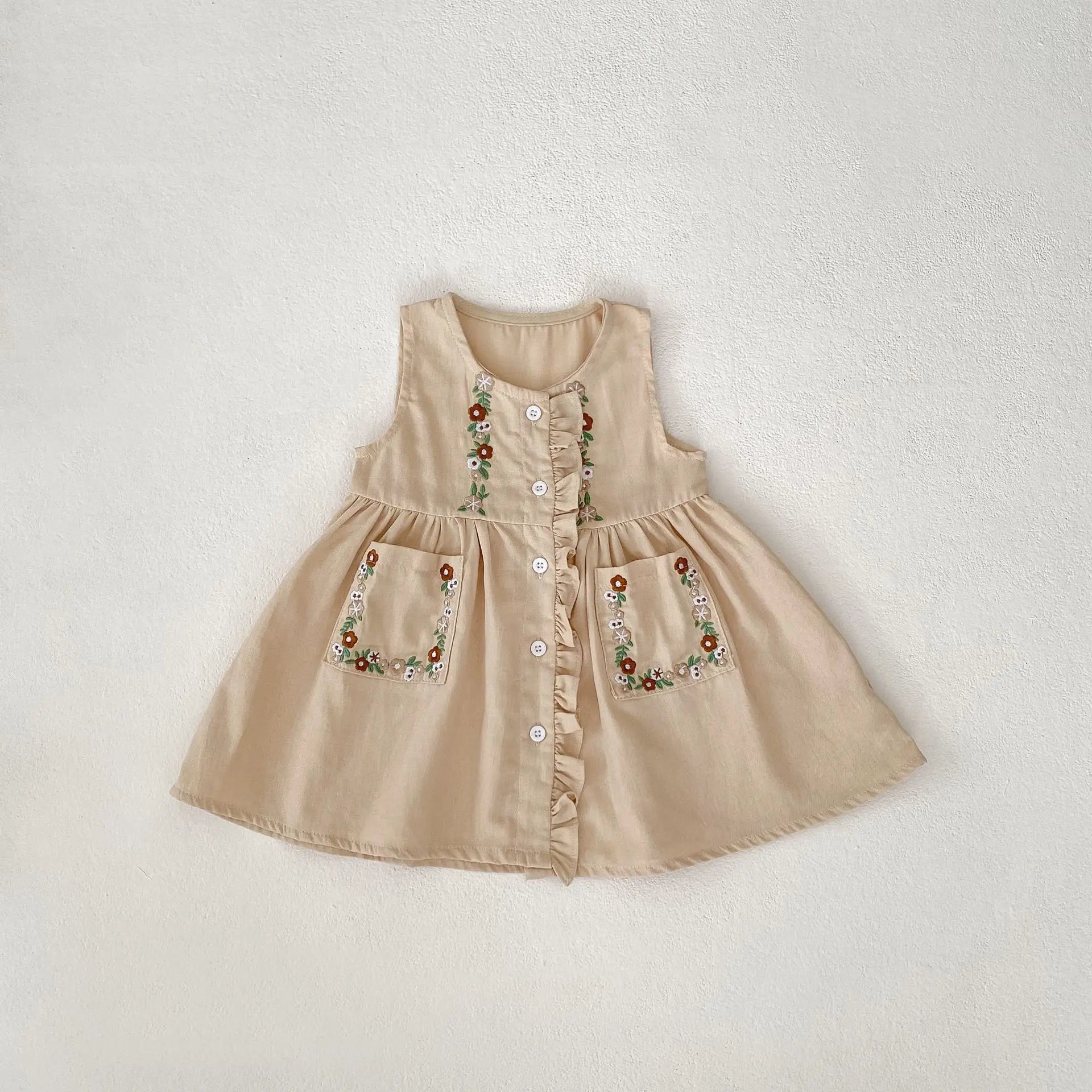 長袖セットアップ dress / 9M  73CM ベビーキッズトップス/ワンピース フラワー刺繍長袖ブラウス/ノースリーブ前あきワンピース【mh0008741】