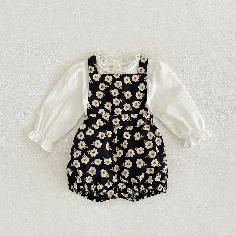 長袖セットアップ floral set / 3-6M 66cm ベビーセットアップ 2点セット 長袖フリルブラウス+ショートオーバーオール サロペットバルーンパンツ【mh0006495】