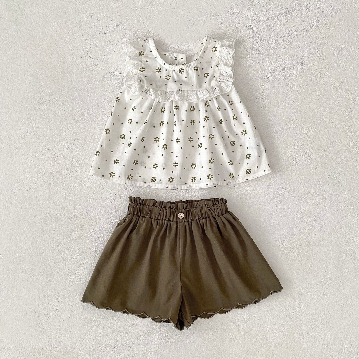 ノースリーブセットアップ Green / 73cm フラワープリントノースリーブブラウス+ショートパンツセットアップ 2点セット【mh0010155】