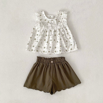 ノースリーブセットアップ Green / 73cm フラワープリントノースリーブブラウス+ショートパンツセットアップ 2点セット【mh0010155】