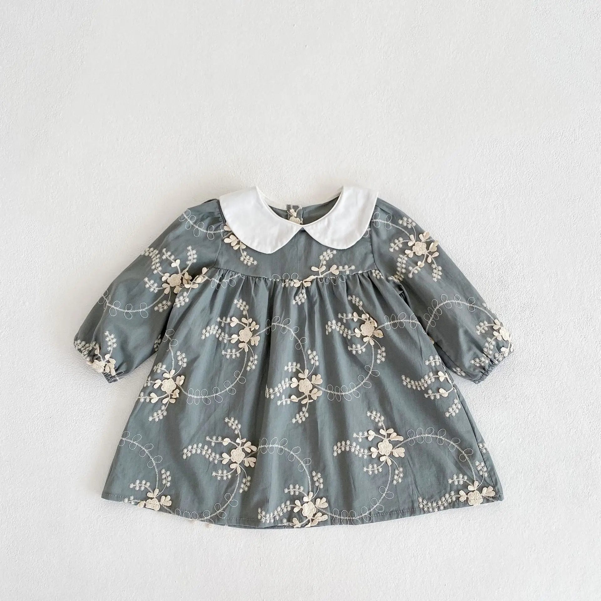 長袖ワンピース Grey / 12M 80cm キッズワンピース 長袖丸襟ワンピース 刺繍ドレスワンピース 2カラー【mh0004758】